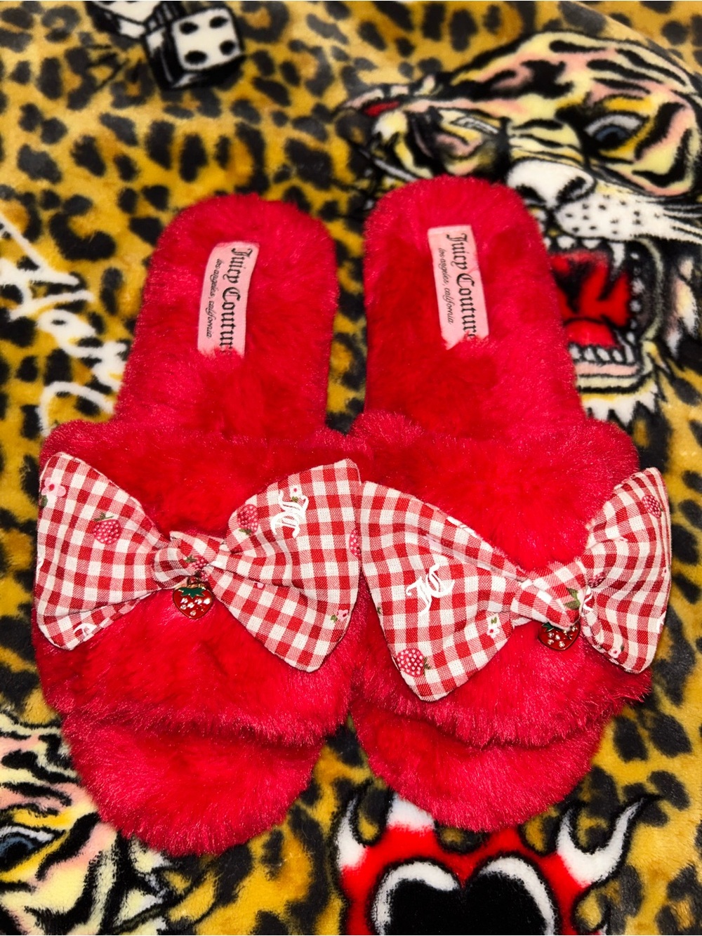 Juicy Couture Bright Red Faux-Fur Slide Slippers with Gingham Bow